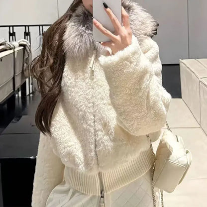 Damen Jacke mit Plüschkragen Reißverschluss Teddy-Optik Braun
