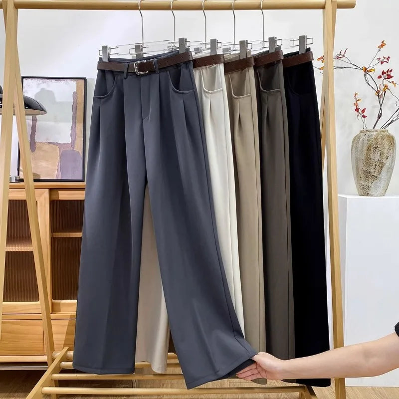 Damen Stoffhose Weites Bein mit Gürtel – Elegante Plissee Hose Hochbund