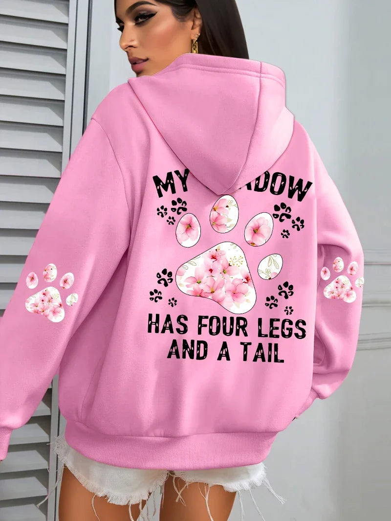Damen Hoodie mit Kapuze und Blumen Pfotenabdruck Print