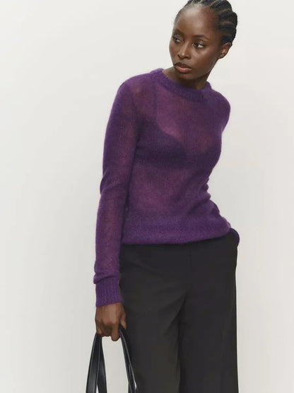 Damen Pullover leicht transparent Rundhals Strick Langarm