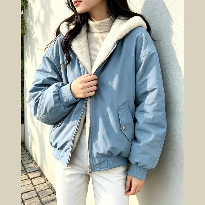 Damen Bomberjacke mit Kapuze Teddyfleece Futter Reißverschluss