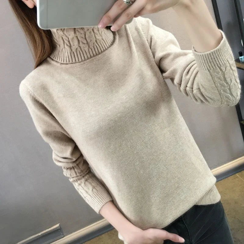 Damen Rollkragenpullover mit Zopfmuster Ärmeln und Hals - warmer Strickpullover