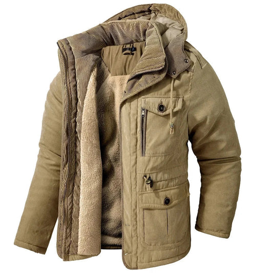 Herren Winterjacke mit Kapuze, Teddyfutter & Corddetails, Khaki