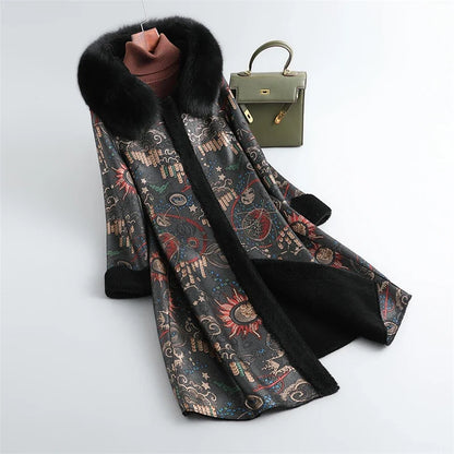 Damen Mantel mit Pelzkragen, gemustert, lang, warmer Winterparka