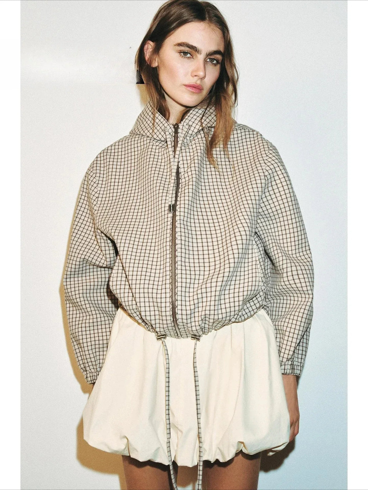 Karierte Jacke mit Kapuze Damen Gittermuster Beige