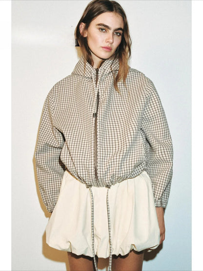 Karierte Jacke mit Kapuze Damen Gittermuster Beige
