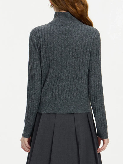 Gerippter Damen Pullover mit Polokragen Langarm Strickpullover