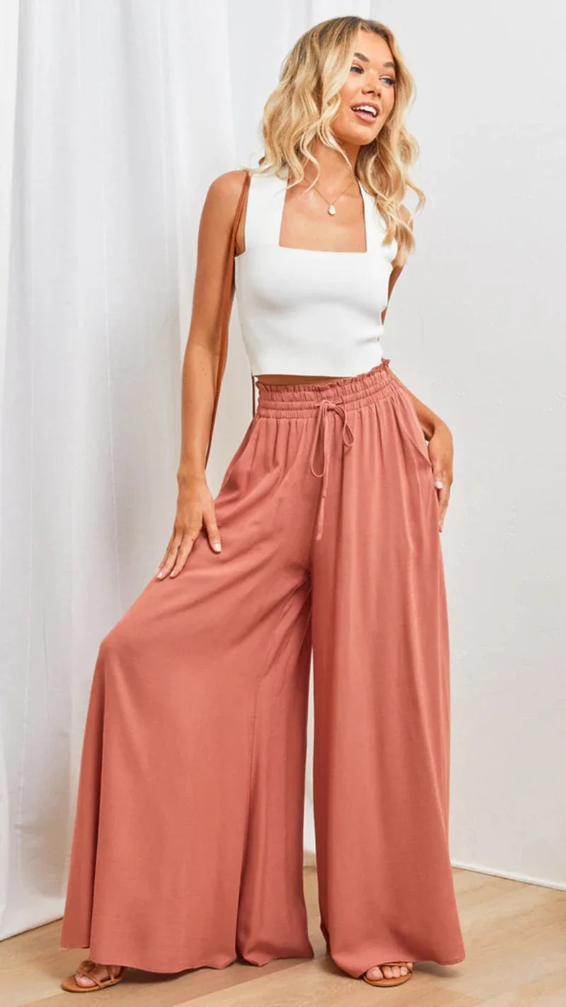 Damen Weite Hose mit Hohem Bund und Kordelzug, Lockere Palazzo-Hose