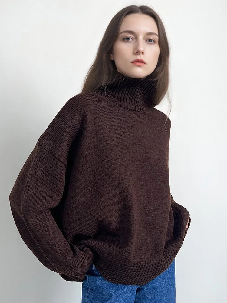 Damen Rollkragenpullover Oversize Strickpullover Lange Ärmel