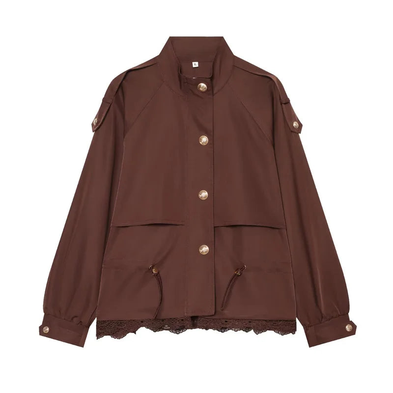 Damen Jacke mit Stehkragen, Schnürzug und Häkelspitze, Verschiedene Farben