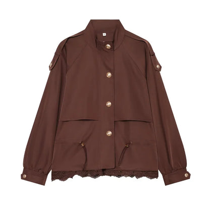 Damen Jacke mit Stehkragen, Schnürzug und Häkelspitze, Verschiedene Farben