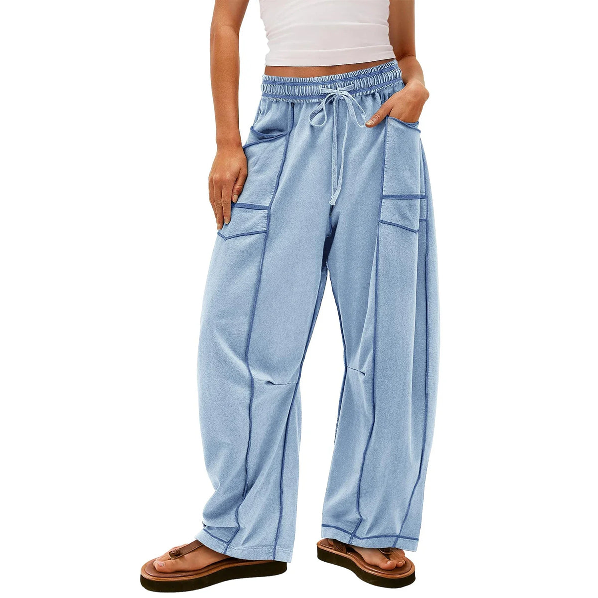 Damen Freizeithose Braun Weites Bein Elastischer Bund Kordelzug
