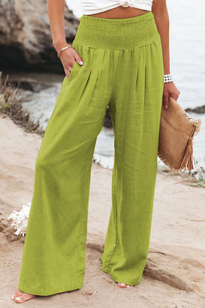 Damen Leinenhose mit weitem Bein und gerafftem Bund, lockere Freizeithose