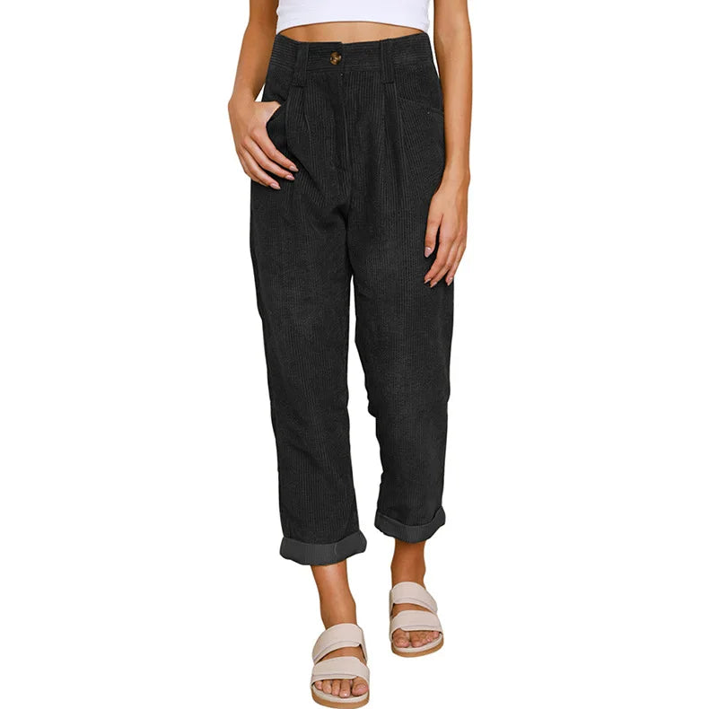 Damen Cordhose Plissee High Waist Cropped-Hose mit Falten