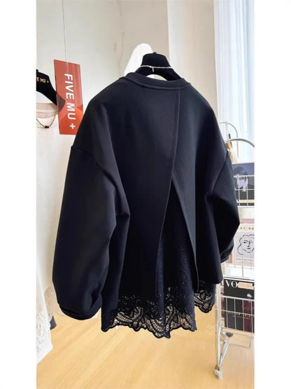 Damen Sweatshirt mit Spitze am Rücken Offen Langer Arm Creme