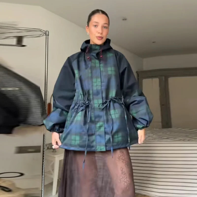 Damen Überwurfjacke kariert mit Kapuze
