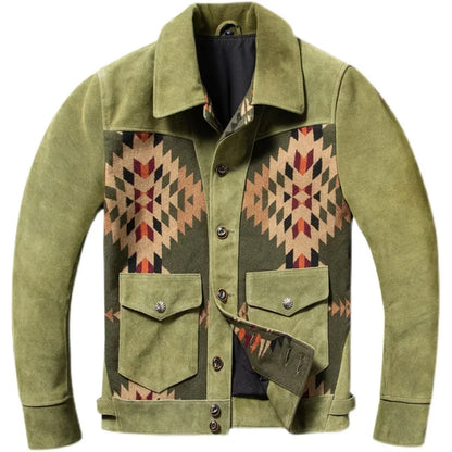 Herren Jacke im Western-Stil mit geometrischem Muster, Umlegekragen und Taschen