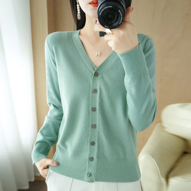 Damen Cardigan V-Ausschnitt Langarm Strickjacke mit Knöpfen