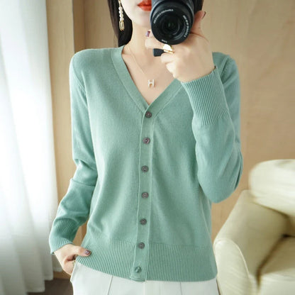 Damen Cardigan V-Ausschnitt Langarm Strickjacke mit Knöpfen