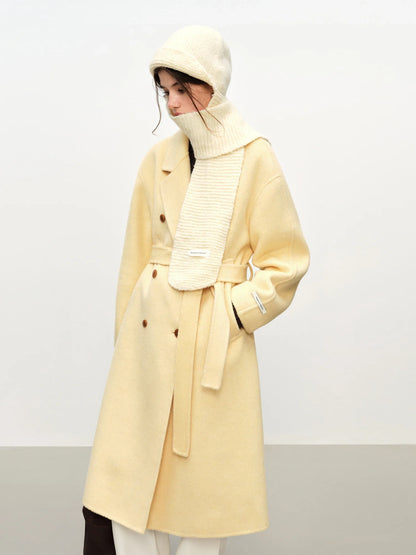 Damen Langer Mantel Zweireihig mit Bindegürtel Klassischer Wollmantel Warm