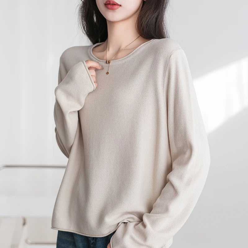 Damen Langarm Pullover mit Rundhalsausschnitt Freizeit Strick-Oberteil