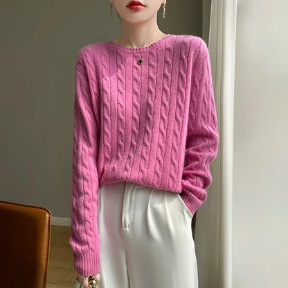 Damen Strickpullover Zopfmuster Rundhals Langarm
