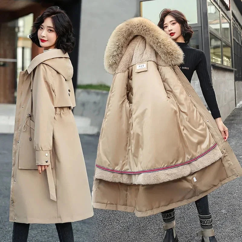 Damen Winterparka mit Kunstfellkapuze Lang Mantel Steppjacke Kordelzug