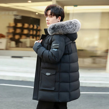 Herren Winterparka mit Kapuze Kunstfellbesatz Steppjacke Lang Warme Outdoormantel