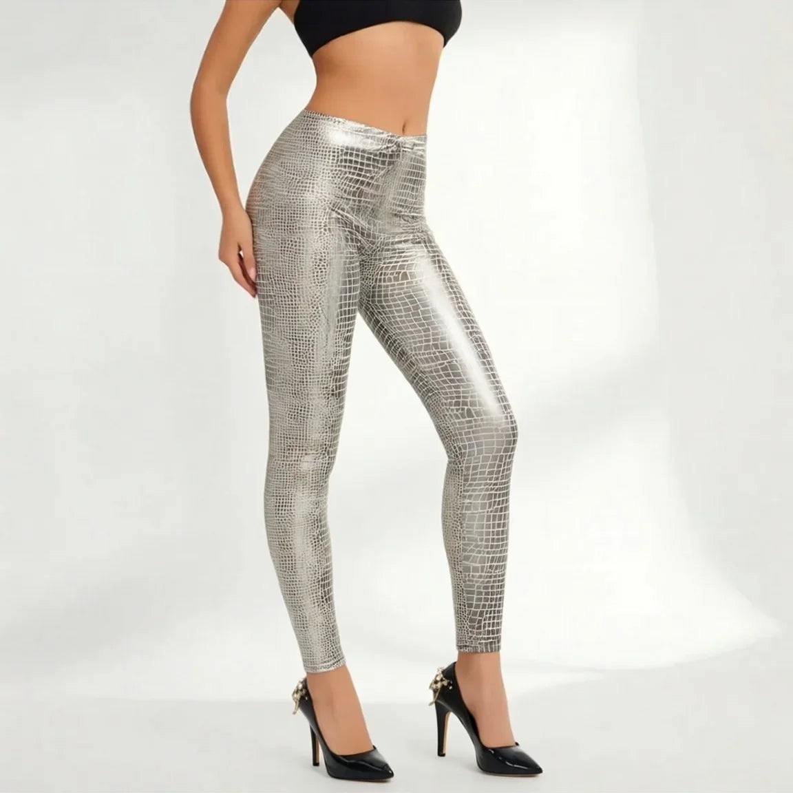Damen Leggings mit Schlangenmuster Glänzend High Waist Silber