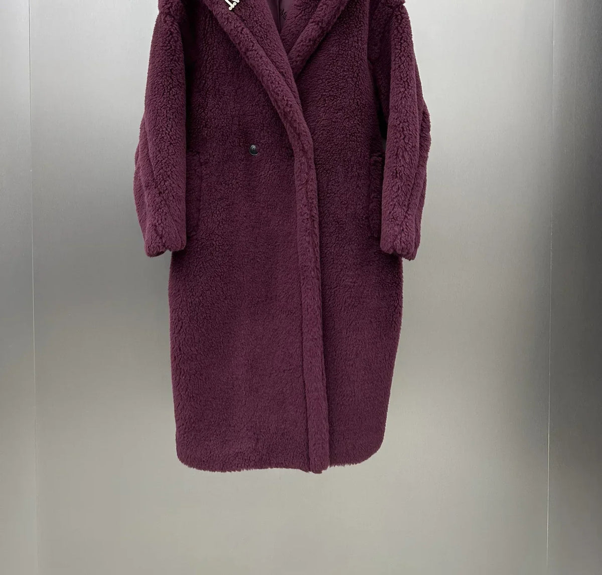 Damen Teddyfell Mantel lang mit Kapuze und Handschuhen