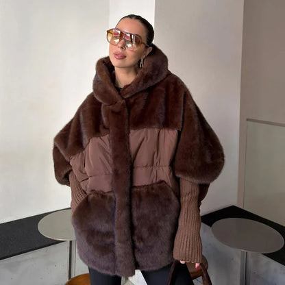 Damen Kurzmantel Plüsch-Look Gesteppt mit Kapuze und langen Ärmeln