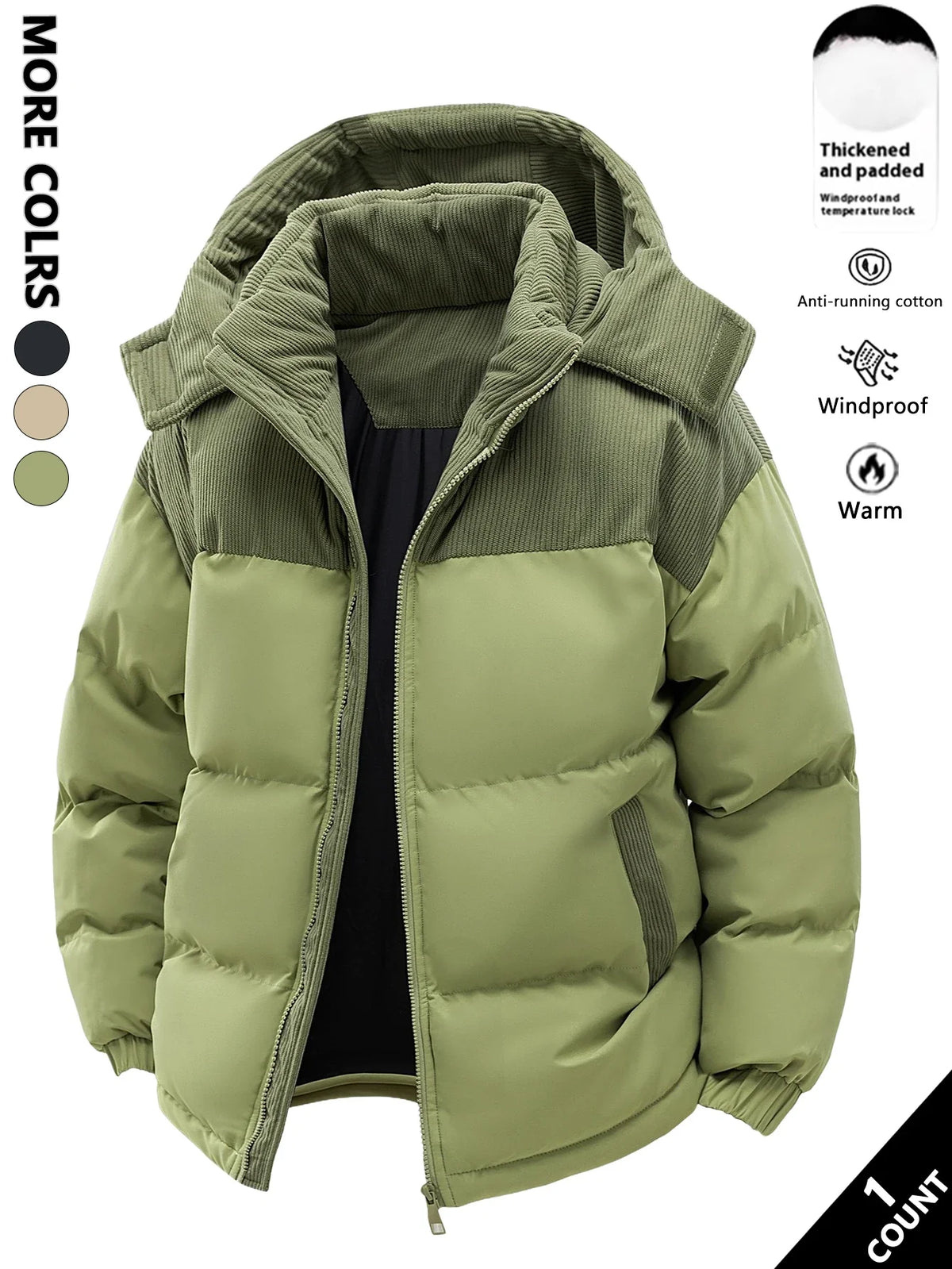Gepolsterte Winterjacke mit Kapuze und Cord-Details für Herren