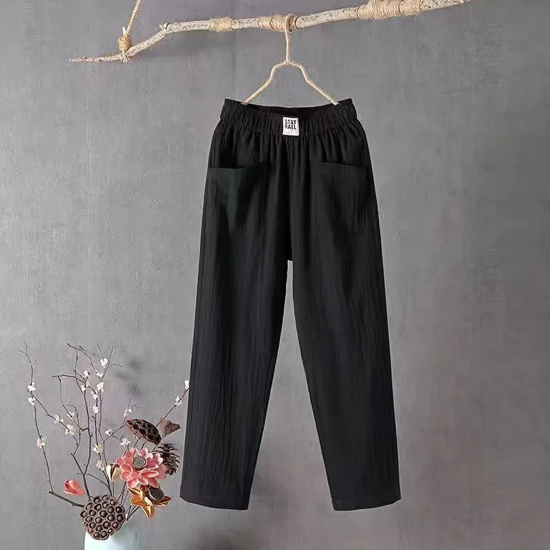 Damen Leinenhose Weites Bein Elastischer Bund Hoher Taille Mehrfarbig