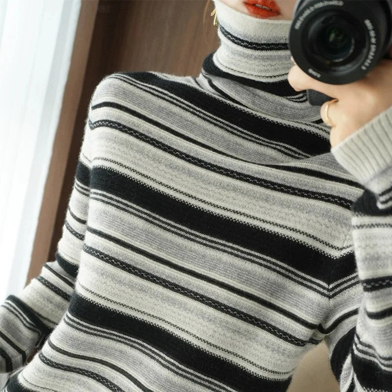 Damen Strickpullover mit Rollkragen – Modischer Streifenpullover für Herbst und Winter