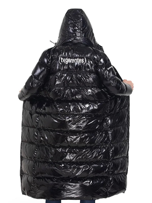 Langer Schwarzer Glänzender Puffer Steppmantel mit Kapuze für Herren