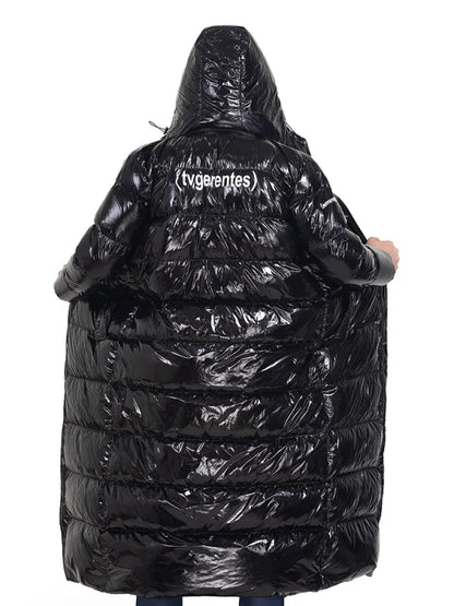 Langer Schwarzer Glänzender Puffer Steppmantel mit Kapuze für Herren