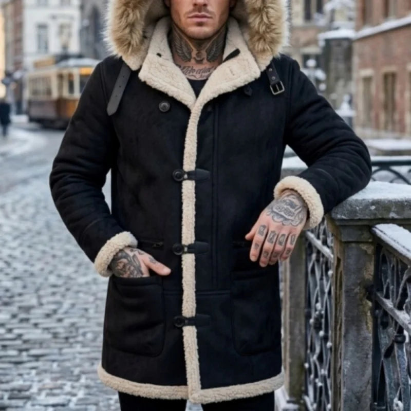 Herren Winterjacke mit Kapuze Pelzimitat Futter Lang Wintermantel Grau