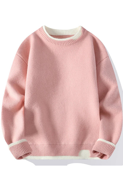 Unisex Strickpullover Rundhals mit zweifarbigen Rippbündchen Rosa