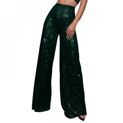Damen Pailletten Weite Hose mit Hohem Bund Glamourös Glänzend Violett