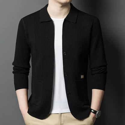 Herren Cardigan Strickjacke gerippt Reverskragen Beige