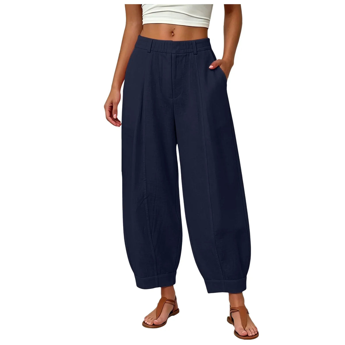 Damen Pumphose Weites Bein High-Waist Freizeithose mit Taschen