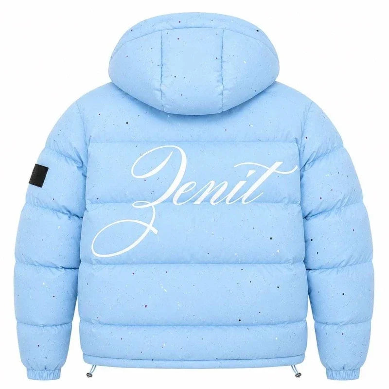 Unisex Pufferjacke mit Kapuze Hellblau Sprenkel-Muster