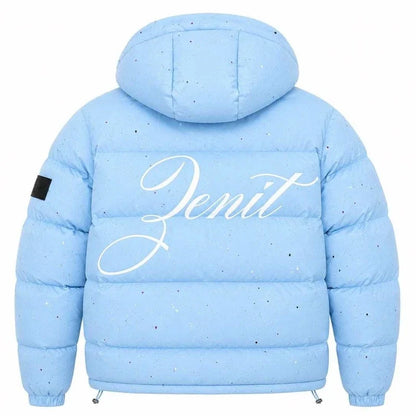 Unisex Pufferjacke mit Kapuze Hellblau Sprenkel-Muster