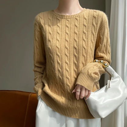 Damen Strickpullover Zopfmuster Rundhals Langarm