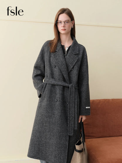 Damen Langer Mantel Zweireihig mit Bindegürtel Klassischer Wollmantel Warm