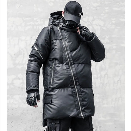 Unisex Winterjacke Schwarz mit Asymmetrischem Reißverschluss und Kapuze