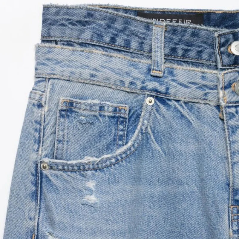 Damen Jeans Wide Leg Hellblau Used-Look mit Rissen High Waist