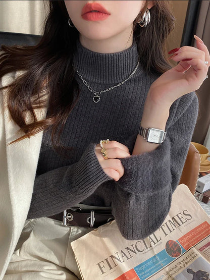 Damen Crop Rollkragenpullover mit weichem Fleece-Bund – Modischer Winter Strickpullover