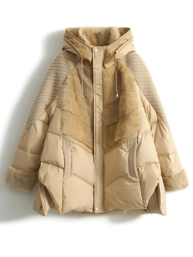 Damen Winter Steppjacke mit Kapuze Teddyfutter Strickdetails Beige