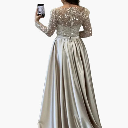 Damen Abendkleid Elegant Festlich Langarm Pailletten Satin Glanz Abendmode